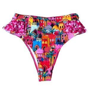 Sporlike Pink Floral Mediterranean‎ Ruffle Bikini Bottoms Womens Size Large NEW